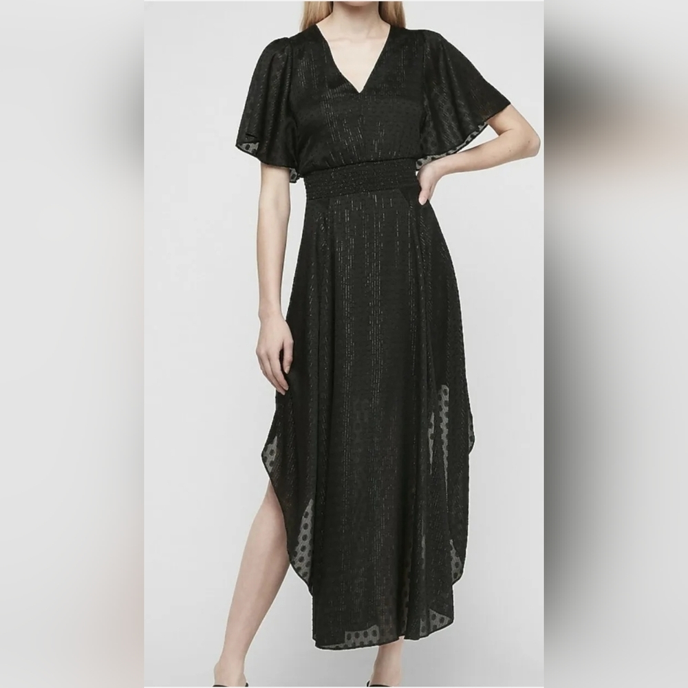 NWT EXPRESS Metallic Dot Smocked Waistband Maxi Dress in Black Size XXS